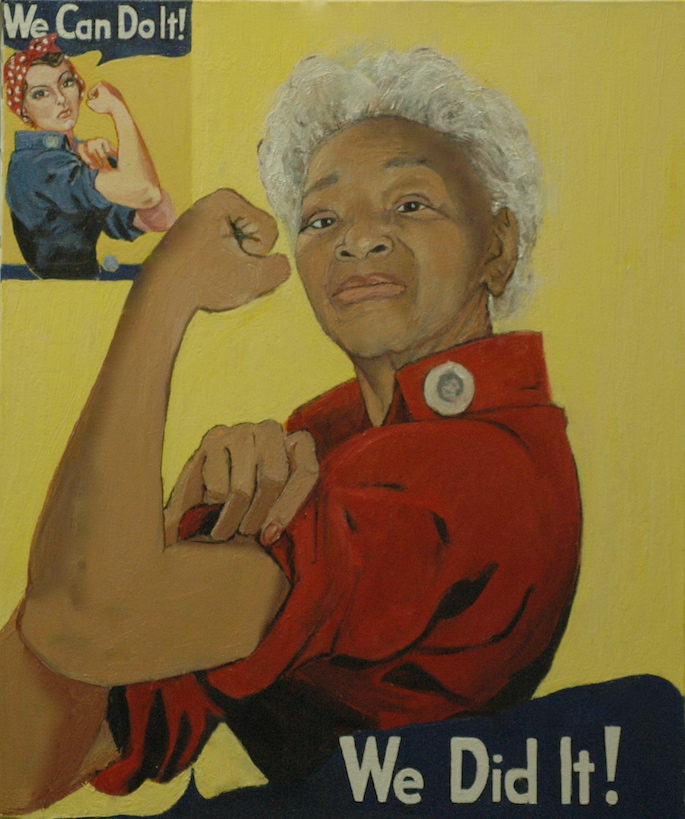 A black rosie the riveter wearing red shirt with muscle flexed and text that reads We did it!
